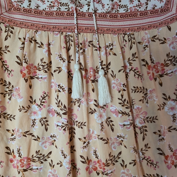 Romantic Floral Boho V-neck Babydoll Dress Bell Sleeves Tassels Flared Size L. - Picture 6 of 7